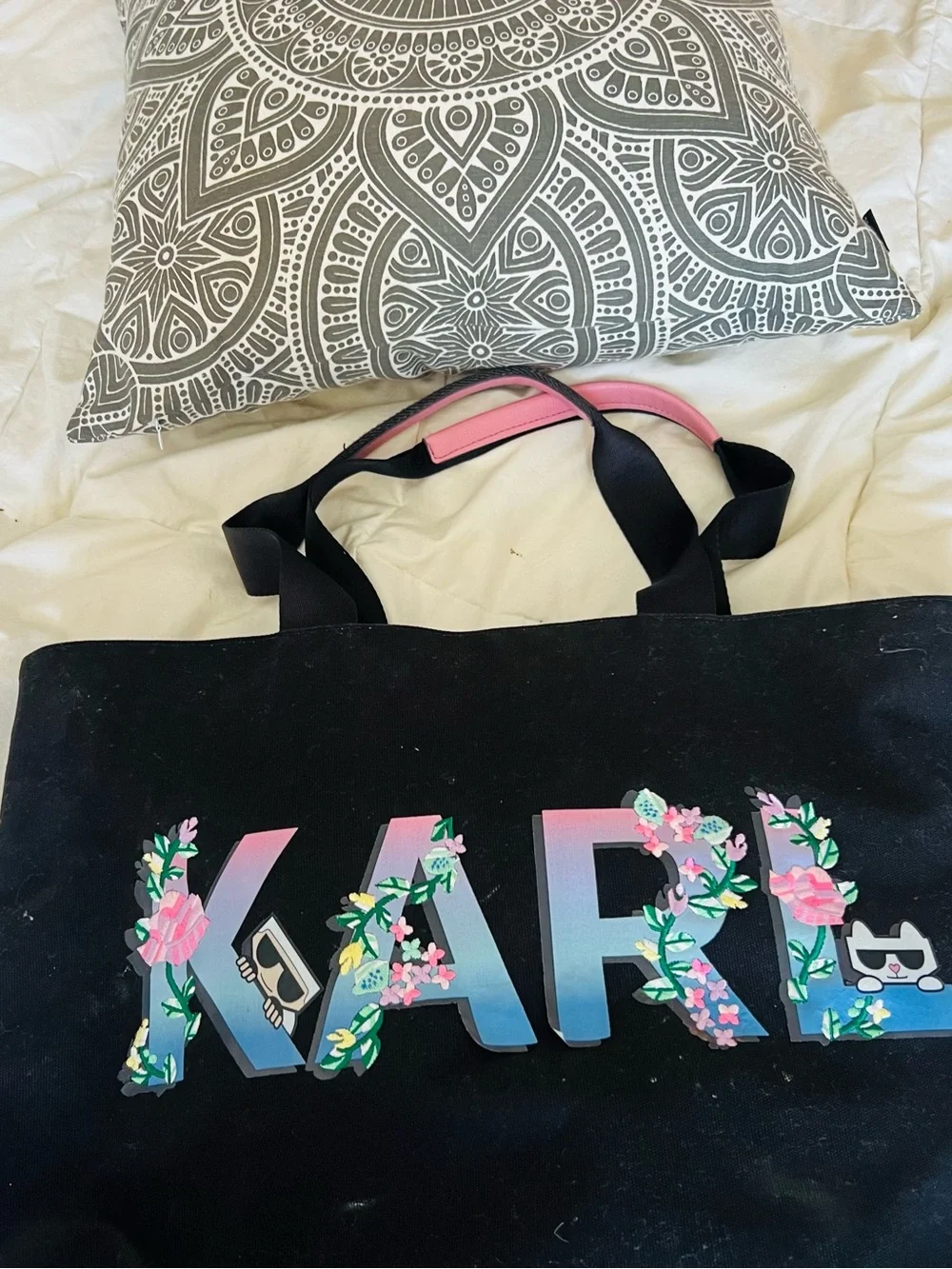 Karl Lagerfeld Black Canvas Tote with Pink Handle and Floral Logo